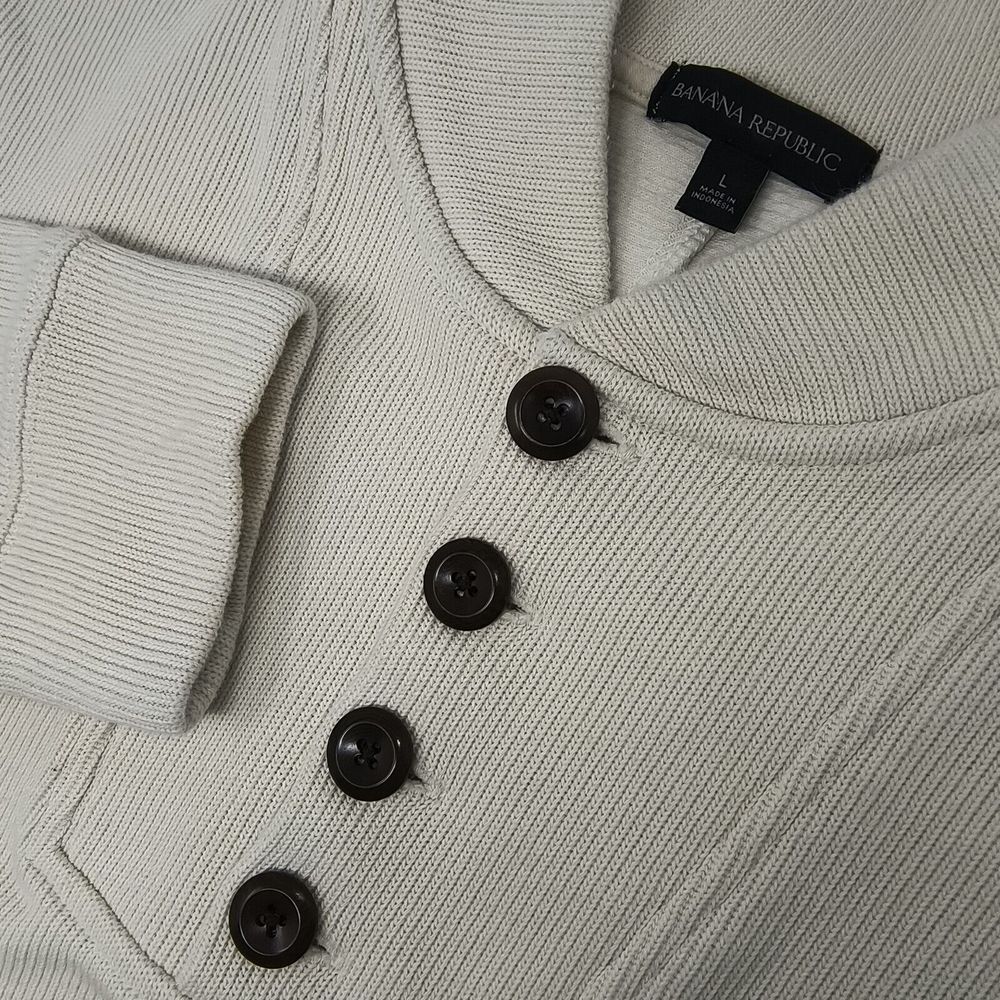 Banana Republic Sweatshirt Men's Large Ivory French‎ Rib Knit 1/4 Buttons